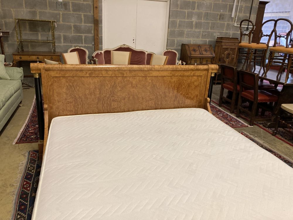 An Empire style birds eye maple gilt metal mounted and part ebonised Superking 6ft. bed frame and mattress